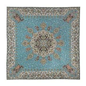 رومیزی مربع حاشیه دار طرح ایراندخت رنگ فیروزه ای حاشیه زربافت