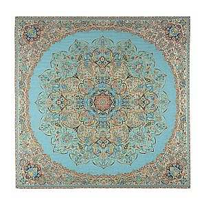 رومیزی مربع حاشیه دار طرح بختیاری رنگ فیروزه ای روشن