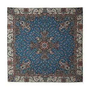 رومیزی مربع حاشیه دار طرح گلستان رنگ آبی حاشیه زربافت