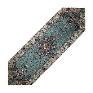 رومیزی ناهارخوری (رانر) حاشیه دار طرح گلستان رنگ فیروزه ای حاشیه زربافت