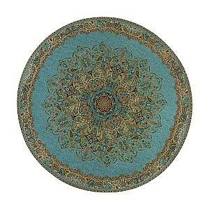 رومیزی گرد حاشیه دار طرح بختیاری رنگ فیروزه ای حاشیه زربافت