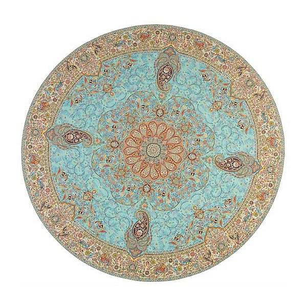 رومیزی گرد حاشیه دار طرح افشاری رنگ فیروزه ای روشن